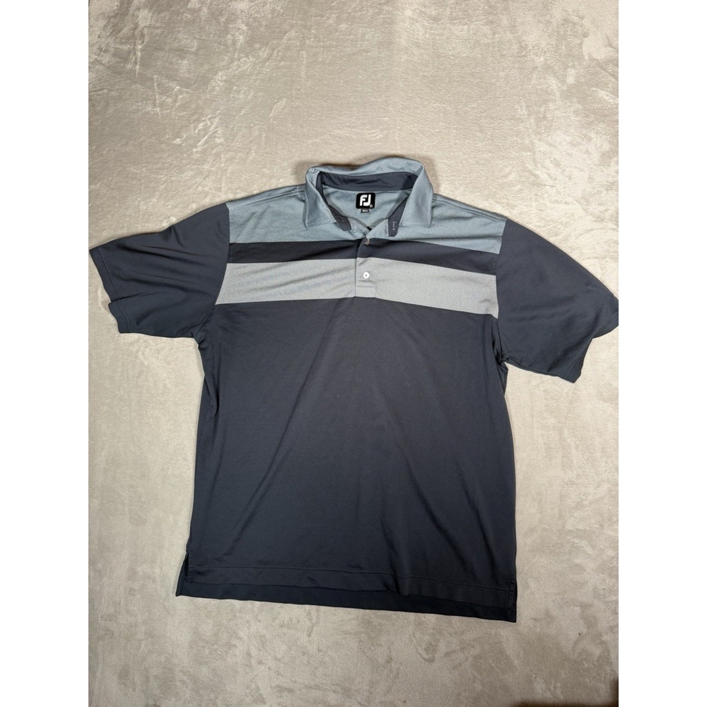 FootJoy FJ Mens XL Golf Polo Shirt Navy Gray Striped Performance Short Sleeve